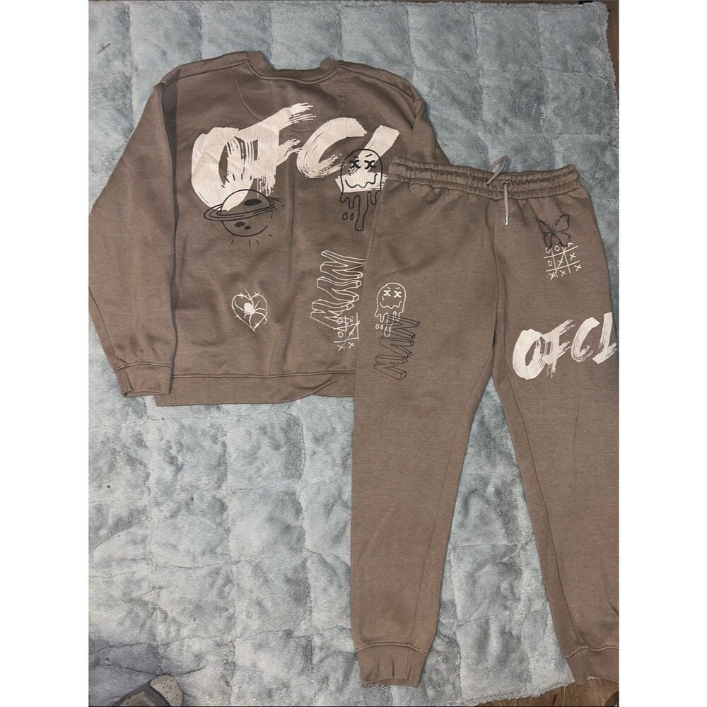 boohooMAN Taupe Graphic Sweatshirt Jogger Set XL